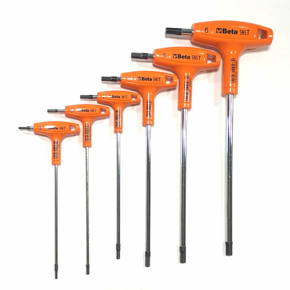 Beta 96T/S6 T型ヘキサゴンレンチセット。オレンジTハンドル。縦方向ロング軸、横方向ショート軸のダブル構造。サイズ2・2.5・3・4・5・6mmの6本組。壁掛け可能。