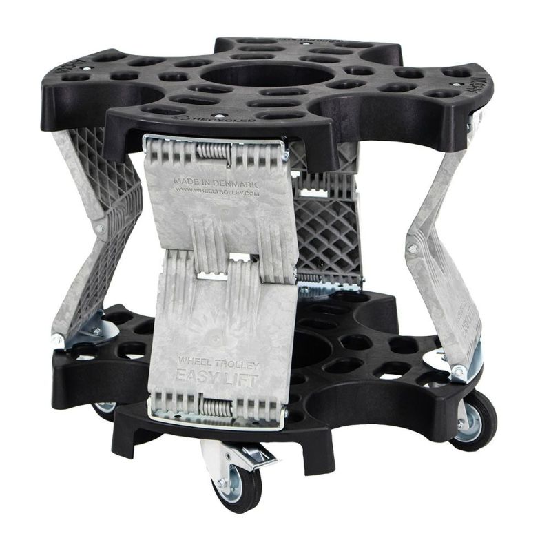 重たいタイヤ・ホイールの持ち上げ作業、腰や腕への負担を大幅に軽減する AHCON(アーコン) ホイールトロリーイージーリフト式