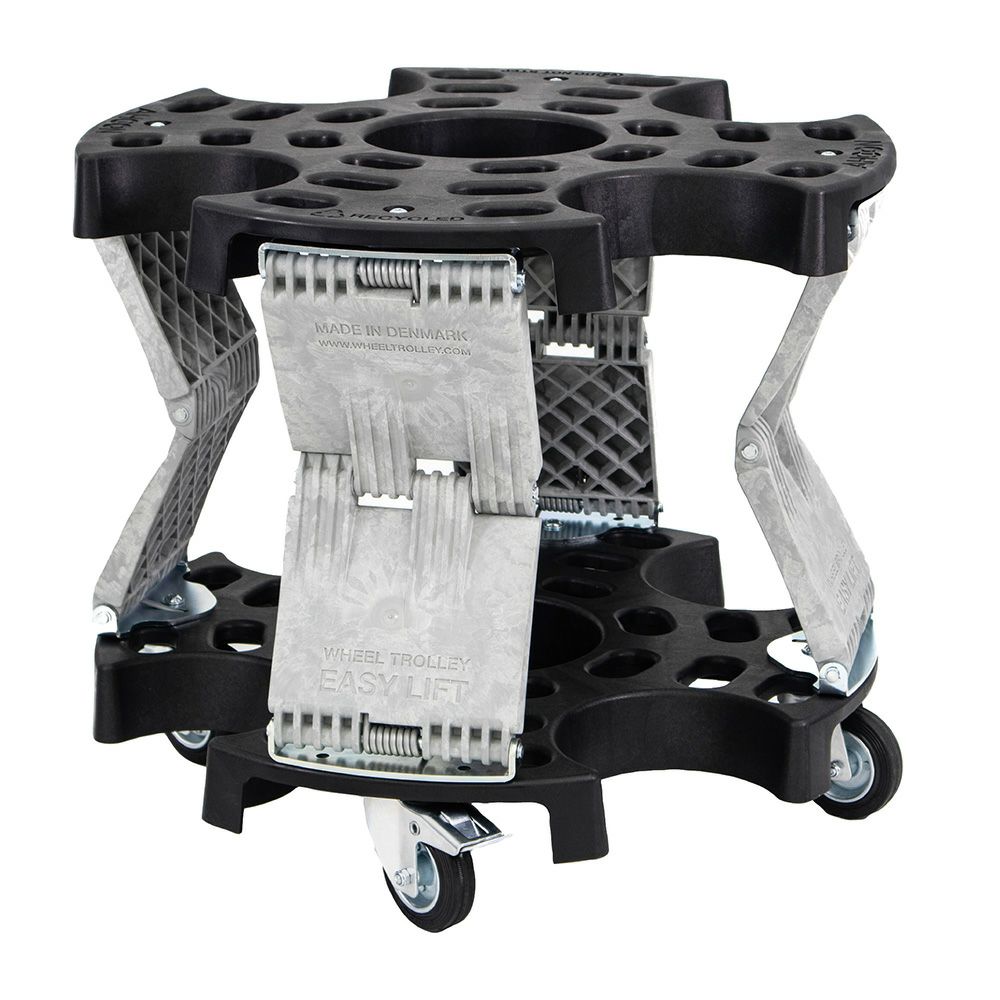 重たいタイヤ・ホイールの持ち上げ作業、腰や腕への負担を大幅に軽減する AHCON(アーコン) ホイールトロリーイージーリフト式