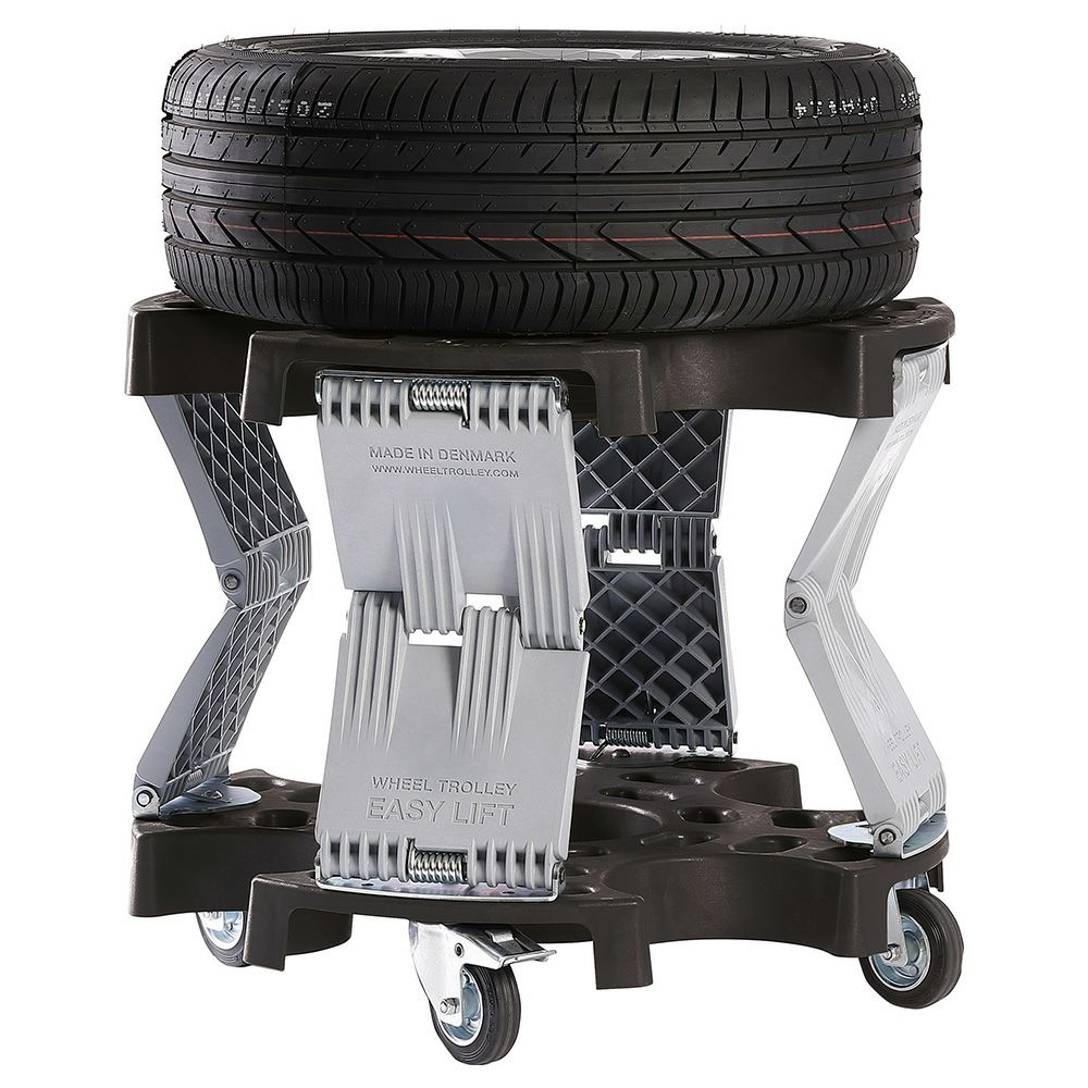 重たいタイヤ・ホイールの持ち上げ作業、腰や腕への負担を大幅に軽減する AHCON(アーコン) ホイールトロリーイージーリフト式