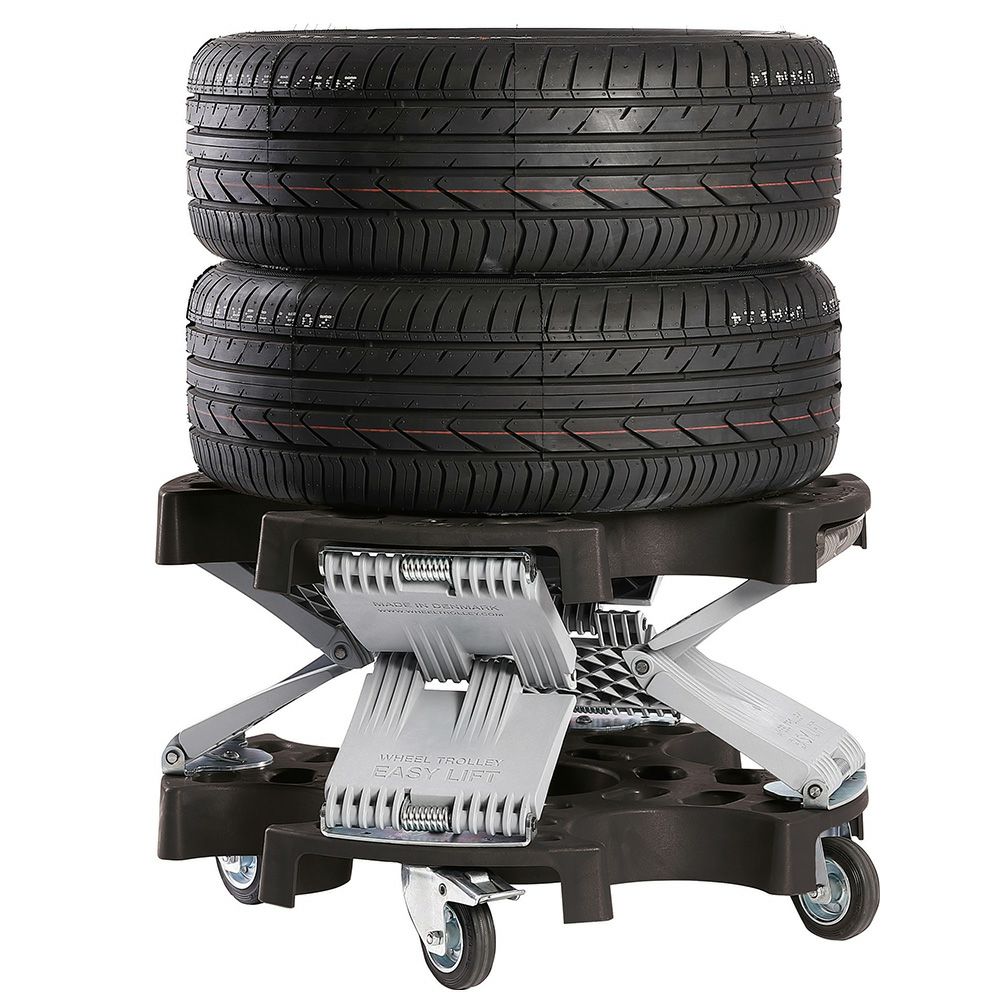 重たいタイヤ・ホイールの持ち上げ作業、腰や腕への負担を大幅に軽減する AHCON(アーコン) ホイールトロリーイージーリフト式